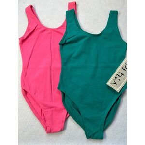 Body Flex Vintage Girls Leotard 2 Pack Pink Teal Green Made in USA Size 8/10